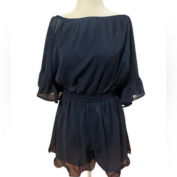 NWOT endless rose‎ size small women's romper in navy off the shoulder - Picture 1 of 6